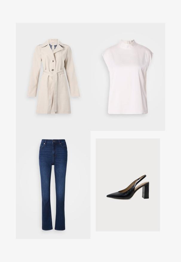 Beige Trenchcoat mit einer eingekerbten Kragen, doppelt geknöpftem Vorderteil und einem Taillengürtel. Hat ein Karo-Futter und eine glatte Stofftextur.; Weiße ärmellose Bluse mit hohem Kragen und einem Reißverschluss auf der Rückseite, aus weichem, glattem Stoff und mit einer lockeren Passform. Keine Muster oder Akzente.; Dunkelblaue Denim-Jeans mit hohem Bund. Verfügt über das klassische Fünf-Taschen-Design und einen leichten Schlag am Saum.; Schwarzer Damenslingback-Schuh aus Leder mit spitzer Spitze und hohem Blockabsatz auf hellem Hintergrund.