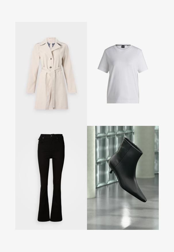 Beige trenchcoat med spidse kraver, dobbeltknaplukning foran og en taljebælte. Har et ternet foer og en glat stoftekstur.; Hvid bomulds t-shirt med rund halsudskæring, korte ærmer og en afslappet pasform. Har et lille mærke nær kraven.; Sorte flare jeans lavet af denim, med høj talje, forlommer og et klassisk fem-lomme design med metalhardware detaljer.; Sort læderankelstøvle med spids tå og lav kitten-hæ, vist vinklet mod en poleret gulv- og glasblokvæg.