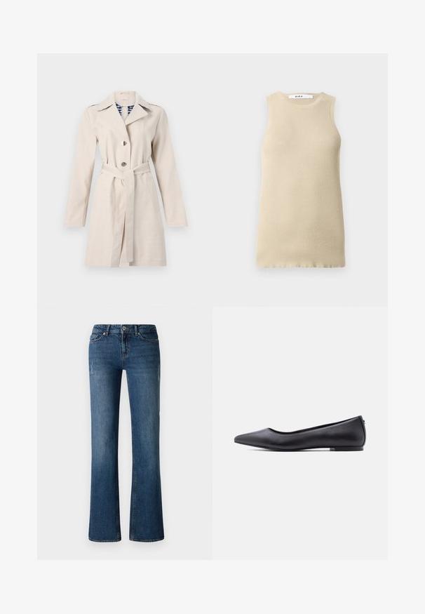 Gabardina beige con cuello muesca, frente de doble botonadura y cinturón en la cintura. Presenta un forro de cuadro y una textura de tela suave.; Top sin mangas de canalé beige con cuello redondo, que presenta un ajuste ceñido y una textura suave, ideal para superponer o para climas cálidos.; Vaqueros de denim azul oscuro con un diseño de pierna acampanada, que presentan un sutil desvanecimiento y detalles desgastados cerca de los muslos y las rodillas.; Zapato plano de cuero negro con punta puntiaguda y tacón bajo, mostrado de perfil contra un fondo blanco.