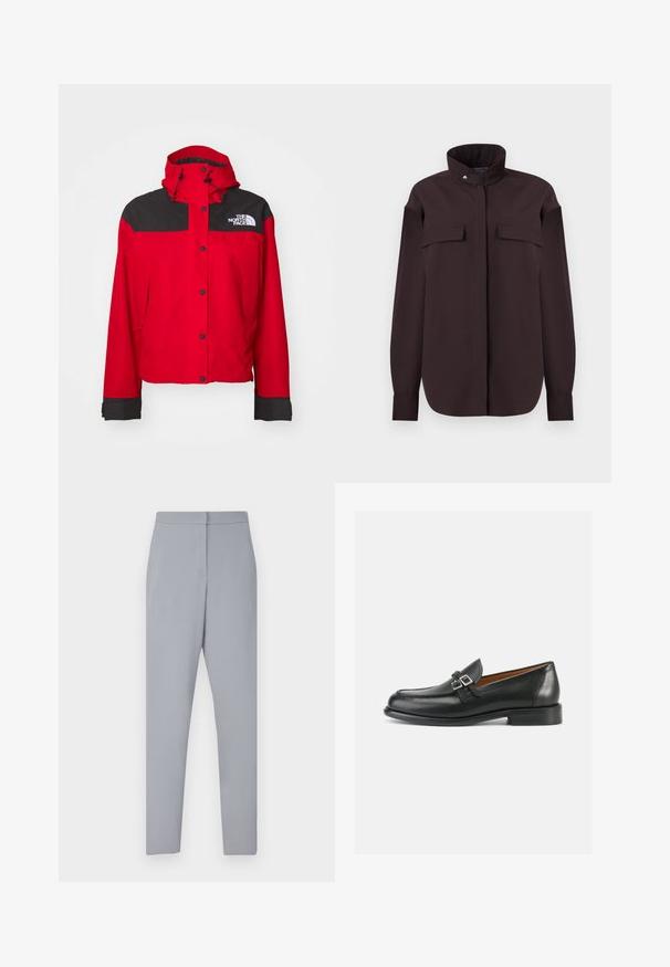 Veste imperméable rouge avec un panneau supérieur noir, capuche réglable et fermetures à pression. Présente le logo sur la poitrine et des poignets élastiques.; Chemise brun foncé avec col haut, manches longues, double poches poitrine et fermeture à boutons. Fabrication en tissu lisse, coupe ajustée.; Pantalons taillés gris clair en tissu lisse, avec une taille plate, une braguette zippée et une coupe droite slim.; Mocassins en cuir noir avec un design cousu, comportant un double accent boucle et un talon légèrement surélevé pour plus de hauteur.