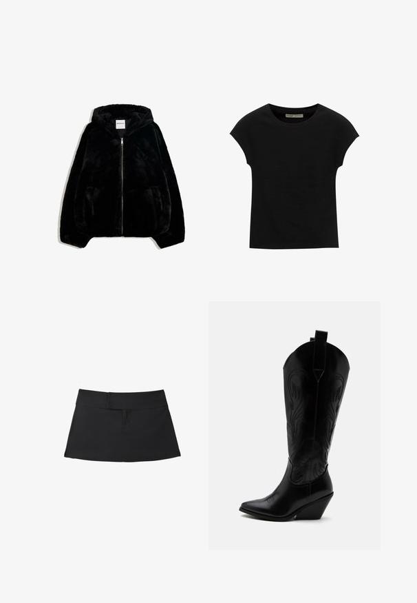 Schwarze Kunstfelljacke mit Reißverschluss vorne, Kapuze und Seitentaschen. Sie verfügt über eine glatte Textur und eine lockere Passform für zusätzlichen Komfort.; Schwarzes T-Shirt mit kurzen Ärmeln und rundem Ausschnitt. Hergestellt aus glattem, elastischem Baumwollstoff. Einfaches Design ohne Muster oder Grafiken.; Schwarzer kurzer Rock mit breitem Bund und einfachen Nahtdetails, flach auf weißem Hintergrund ausgelegt.; Schwarzer Leder-Cowboystiefel mit spitzer Zehe, schrägem Blockabsatz, dekorativer Naht und Zuglaschen oben vor weißem Hintergrund.