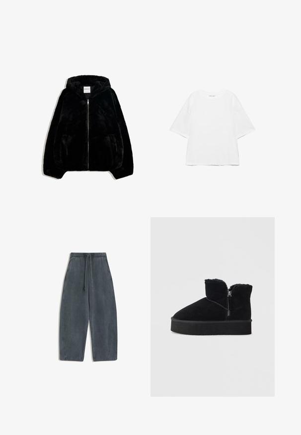 Schwarze Kunstfelljacke mit Reißverschluss vorne, Kapuze und Seitentaschen. Sie verfügt über eine glatte Textur und eine lockere Passform für zusätzlichen Komfort.; Weißes, übergroßes T-Shirt mit kurzen Ärmeln und Rundhalsausschnitt, schlichtes Design und abgesenkte Schulternähte vor weißem Hintergrund.; Graue Hose mit weitem Bein aus weichem, strukturiertem Stoff. Verfügt über einen elastischen Bund mit Kordelzug und Taschen in den Seitennähten.; Schwarze Wildleder-Ankle-Boots mit einem Reißverschluss, weichem Fellbesatz oben und einer massiven schwarzen Gummisohle. Glatte Oberfläche ohne sichtbare Muster.