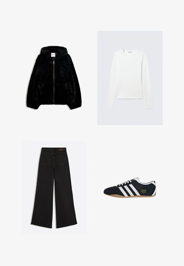 Schwarze Kunstfelljacke mit Reißverschluss vorne, Kapuze und Seitentaschen. Sie verfügt über eine glatte Textur und eine lockere Passform für zusätzlichen Komfort.; Langärmliges, schlichtes weißes Rundhals-Shirt mit schlanker Passform, dargestellt vor einem hellgrauen Hintergrund.; Schwarze Jeans mit weitem Bein, von hinten gezeigt, mit zwei Gesäßtaschen und Gürtelschlaufen am Bund.; Schwarze Wildledersneaker mit drei weißen Streifen, goldenem Logo und brauner Gummisohle. Merkmale ein niedrigprofiliertes Schnürdesign.