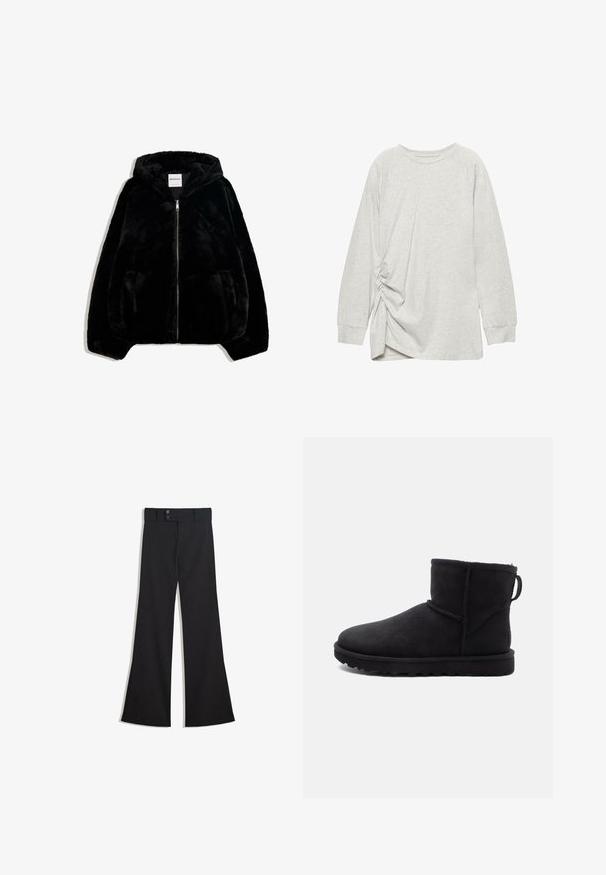 Veste en fausse fourrure noire avec zip sur le devant, capuche et poches latérales. Présente une texture lisse et une coupe décontractée pour le confort.; Chemise à manches longues gris clair avec col rond et détail froncé sur le côté gauche, fabriquée en tissu doux et léger.; Pantalon noir taille haute à jambes larges avec une taille à double bouton et une fermeture éclair frontale, présenté à plat sur un fond blanc.; Bottine en daim noir, à bout rond, doublée de shearling et avec une semelle en caoutchouc plate. Elle présente une couture latérale et une languette à l'arrière.