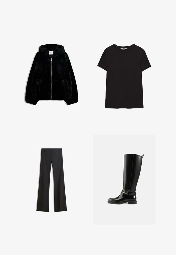 Veste en fausse fourrure noire avec zip sur le devant, capuche et poches latérales. Présente une texture lisse et une coupe décontractée pour le confort.; T-shirt noir en coton à manches courtes avec encolure ronde, coupe standard et étiquette intérieure visible au niveau du col.; Pantalon noir évasé avec une texture lisse, doté d'une coupe ajustée et d'une taille cintrée. Aucun motif ou ornement visible.; Bottes noires montantes en cuir verni, avec un détail de boucle argentée à la cheville et une conception à bout arrondi. Semelle plate.