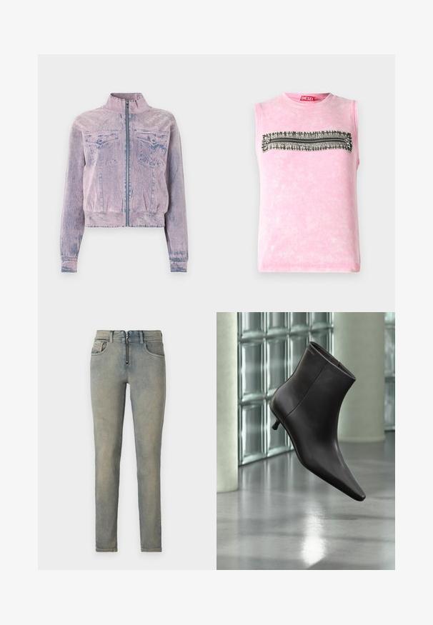 Lyserød denimjakke med høj krave, frontlynlås, to brystlommer og struktureret overflade. Kortskaftet design med blå accenter.; Subløs pink bomulds t-shirt med en vandret sort-hvid mønsterstripe hen over brystet. Rund halsudskæring, blød tekstur.; Tætsiddende jeans i lys blå denim, med en frontlynlås, fem lommer og en slidt vask med subtile farvevariationer.; Sort læderankelstøvle med spids tå og lille hæl vist mod en væg af glasblokke og poleret gulv baggrund.