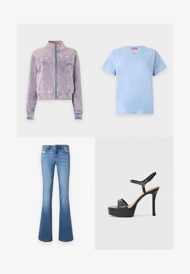 Roze denimjack met hoge kraag, voorrits, twee borstzakken en een gestructureerde afwerking. Verkorte stijl met blauwe accenten.; Lichtblauw katoenen T-shirt met korte mouwen, met een rood Diesel merklabel bij de hals en een klein rood ovaal logo onder de kraag.; Lichtblauwe denim flared jeans met een mid-rise tailleband, vijf zakken en subtiele vervaging langs de pijpen. Voorzien van een gestikt logolabel.; Zwarte platformsandalen met een hoge naaldhak, voorzien van een glad leren bovenkant, een peep-toe ontwerp en een verstelbare enkelriem met beslag.