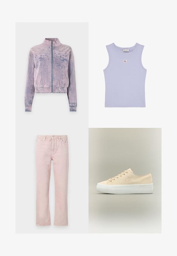 Lyserød denimjakke med høj krave, frontlynlås, to brystlommer og struktureret overflade. Kortskaftet design med blå accenter.; Ærmeløs ribbet lilla crop top med rund halsudskæring og lille rød og hvid Calvin Klein logo-patch på brystet.; Lys rosa denimjeans med lige pasform, fem lommer og lynlås. Har sy detaljer og hardware i sølvfarve.; Beige lærred lavtop sneaker med hvid tyk gummisål og subtilt "CK" logo på siden.