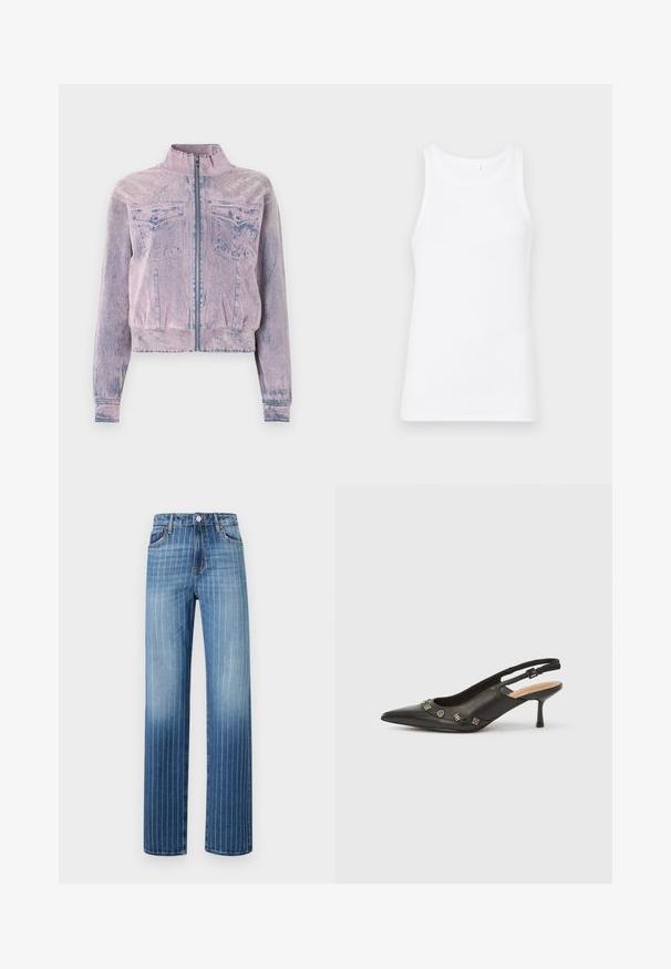Chaqueta de mezclilla rosa con un cuello alto, cierre delantero, dos bolsillos en el pecho y un acabado texturizado. Diseño cropped con acentos azules.; Top sin mangas de algodón blanco con un escote redondo y tirantes anchos. La tela es suave y ajustada, sin patrones ni adornos visibles.; Jeans de mezclilla de color azul claro con rayas verticales blancas, diseño de pierna recta, cinco bolsillos y cierre de botón en la cintura.; Zapato de tacón con talón descubierto en piel negra, punta puntiaguda, tacón pequeño y detalles metálicos decorativos a lo largo de la abertura frontal. Textura lisa.