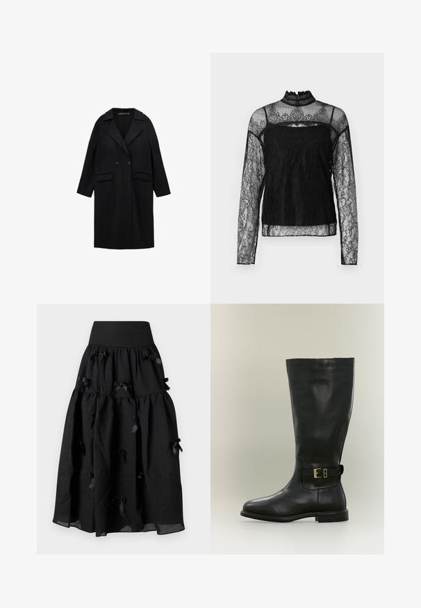 Sort uldblanding frakke med notch-krave, dobbeltknaplukning, to forlommer og 3/4-længde ærmer.; Sort langærmet bluse i blonde med høj krave, detaljeret blomsterdesign, gennemsigtig stof og solidt panel over brystområdet.; Sister Jane BIRDIE BOW MIDI SKIRT - A-snit nederdel - black; Høj sort læderstøvle med lav hæl og en sidestrope med en lille guldbeklædning, vist på en neutral baggrund.