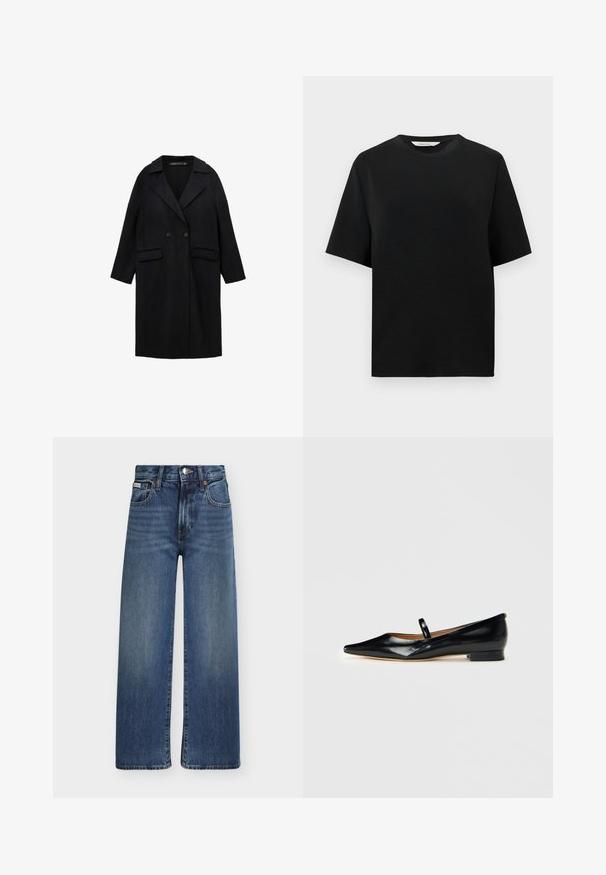 Sort uldblanding frakke med notch-krave, dobbeltknaplukning, to forlommer og 3/4-længde ærmer.; Sort T-shirt med korte ærmer og rund hals i en afslappet pasform, præsenteret mod en simpel hvid baggrund.; Straight-leg blå denim jeans med for- og lynlåslukning, bæltestropper og fem-lomme stil.; Sorte patenterede læder Mary Jane flade sko med spids tå, én rem og lav hæl på ensfarvet baggrund.