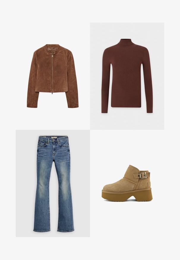 Veste en daim marron avec un col rond, fermeture à glissière sur le devant et manches longues. Le matériau a une texture lisse et mate.; Pull marron à manches longues en maille côtelée avec col roulé et silhouette ajustée sur un fond blanc uni.; Jean en denim bleu évasé avec décoloration légère, design à cinq poches, ferrures métalliques et ourlets cousus, présentant une coupe classique et une texture lisse.; Bottine en daim beige avec semelle plateforme épaisse marron et bride à boucle argentée sur le côté.