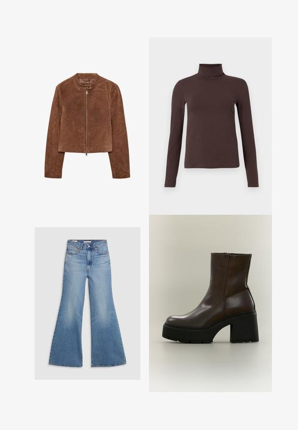Veste en daim marron avec un col rond, fermeture à glissière sur le devant et manches longues. Le matériau a une texture lisse et mate.; Chemise marron foncé à manches longues avec col roulé et silhouette ajustée sur un fond clair uni.; Les jeans évasés en denim de lavage clair présentent une taille haute, des poches avant et des accessoires en bronze. Le tissu a une texture décolorée avec une finition lisse.; Bottine en cuir marron foncé avec une semelle plateforme noire épaisse et un talon bloc sur fond neutre.