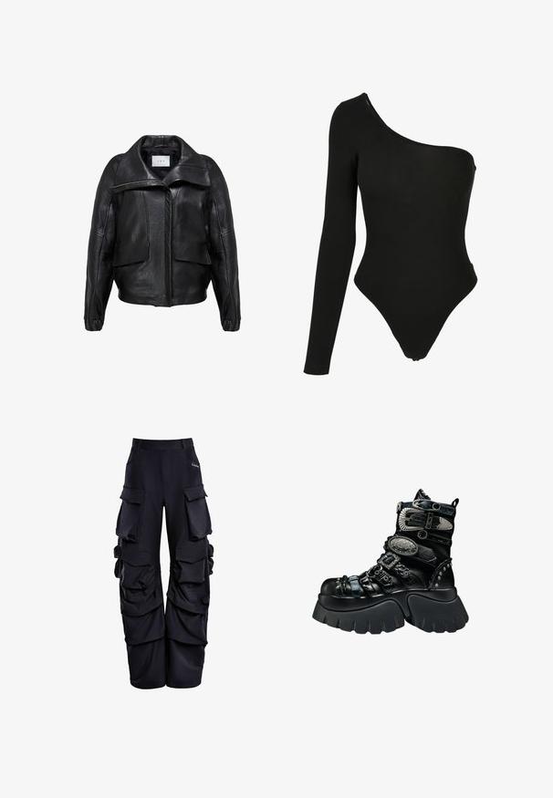 Chaqueta de cuero negro con un diseño estructurado, que incluye un cuello ancho, grandes bolsillos frontales y un cierre delantero con cremallera. Textura suave.; Bodysuit negro de un solo hombro hecho de tela elástica, con una manga larga en un lado, aberturas de pierna de corte alto y un diseño ajustado.; Pantalones cargo negros de tejido texturizado, con múltiples bolsillos grandes, un ajuste relajado y detalles fruncidos a lo largo de los lados.; Bota negra de plataforma con suela gruesa, múltiples correas texturizadas, hebillas plateadas, detalles decorativos metálicos y detalles con tachuelas.