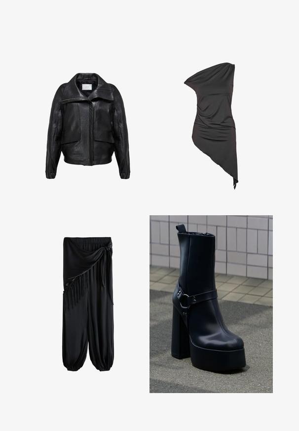 Chaqueta de cuero negro con un diseño estructurado, que incluye un cuello ancho, grandes bolsillos frontales y un cierre delantero con cremallera. Textura suave.; Vestido negro asimétrico de un solo hombro con tela drapeada y dobladillo desigual, más largo en un lado.; Pantalones negros de pierna ancha con cintura elástica, cinta atada y detalle de flecos en un lado, recogidos en los tobillos.; Botín de plataforma con tacón alto y grueso de cuero negro y una correa decorativa, colocado sobre pavimento gris frente a una pared revestida con azulejos.