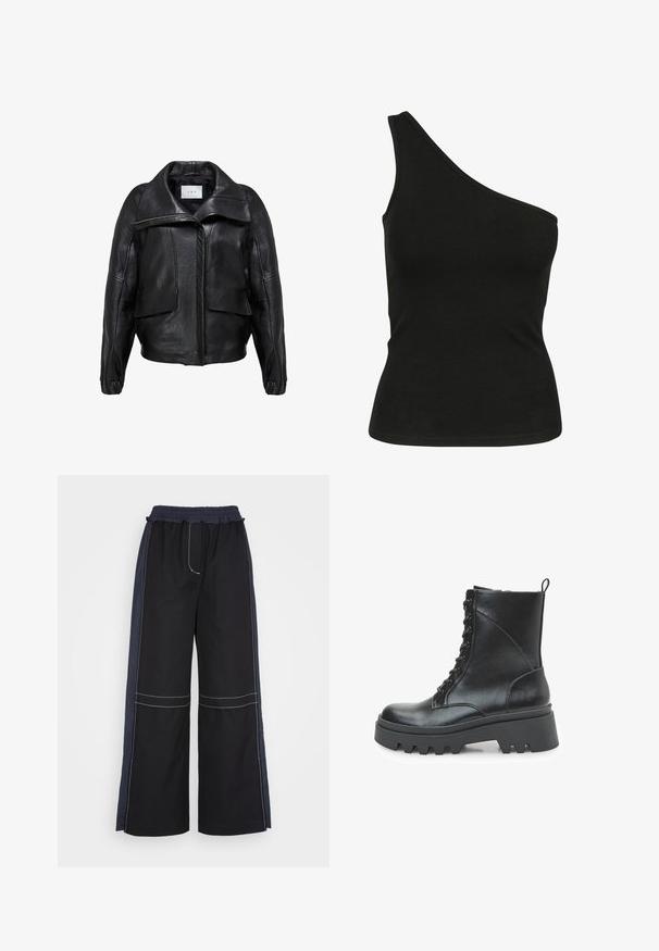 Chaqueta de cuero negro con un diseño estructurado, que incluye un cuello ancho, grandes bolsillos frontales y un cierre delantero con cremallera. Textura suave.; Top de tirantes negro de un solo hombro, confeccionado en tela suave, con una silueta ajustada y un escote limpio y cosido. Sin patrones ni acentos visibles.; 3.1 Phillip Lim COMBO UTILITY PANT - Pantalones - black eclipse; Botín de piel negra con diseño de cordones, suela gruesa tipo plataforma y detalles texturizados en los laterales. Cuenta con una lengüeta para tirar en la parte trasera.