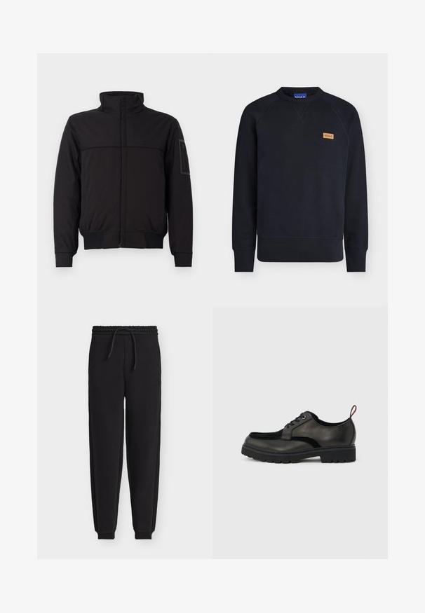 Schwarze Jacke mit hohem Kragen, kontrastierendem oberen Bereich, elastischen Bündchen und Saum sowie einer Reißverschlusstasche am Ärmel. Glatte Stofftextur.; Schwarzes Sweatshirt mit langen Ärmeln und Rundhalsausschnitt, gerippte Bündchen und Saum, mit einem kleinen hellbraunen rechteckigen Logo auf der linken Brust.; Schwarze Jogginghose mit elastischem Bund, Kordelzug, zulaufenden Beinen, Bündchen an den Knöcheln und einem kleinen Aufnäher am rechten Oberschenkel.; Schwarzer Leder-Schnürschuh mit dicker, profillierter Sohle und rotem Fersenzuglasche, seitlich auf einem hellgrauen Hintergrund dargestellt.
