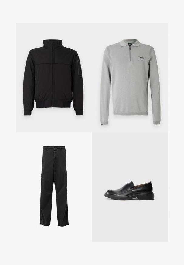 Sort jakke med høj krave, kontrasterende overpanel, elastiske manchetter og kant, samt en lynlåslomme på ærmet. Glat stofstruktur.; Grå pullover med lynlås i kraven, med ribstrikkede detaljer på skuldre og ærmekanter. Indeholder en lille sort "BOSS"-logo på brystet.; Sorte cargo bukser med lige skæring, knaplukning og sidelommer. Glat stof med mat finish og uden synlige mønstre.; Sorte læder slip-on dress sko med lav hæl og subtil Calvin Klein logo på siden, vist i profil på en hvid baggrund.