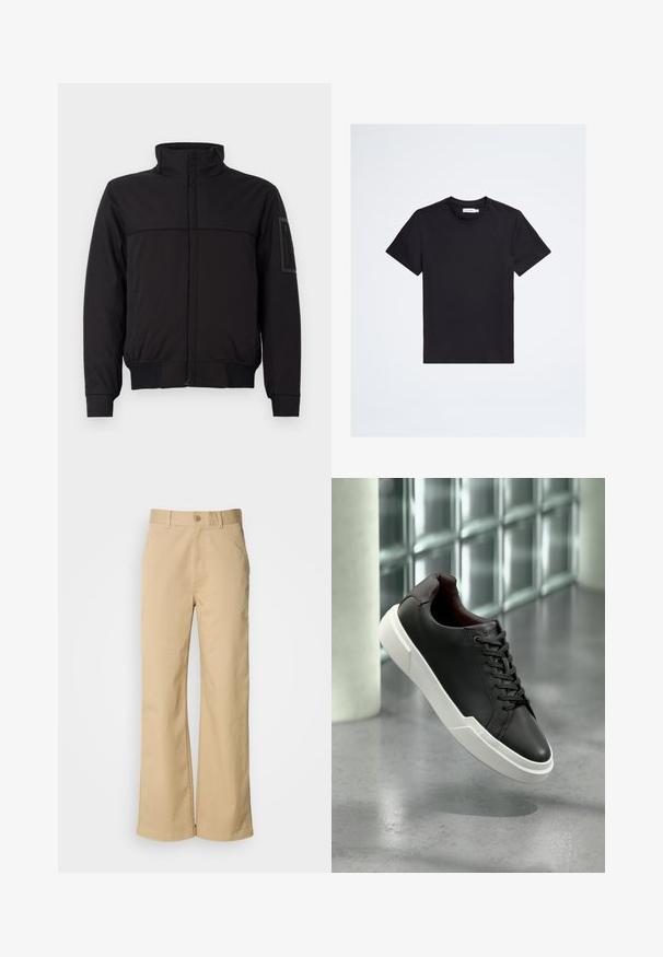 Chaqueta negra con cuello alto, panel superior en contraste, puños y dobladillo elásticos, y un bolsillo con cremallera en la manga. Textura de tejido suave.; Camiseta negra de manga corta con cuello redondo, con un pequeño logo tonal en el pecho izquierdo y una etiqueta blanca de la marca en el interior del cuello.; Pantalones beige de pierna ancha, hechos de una mezcla de algodón. Presentan un cierre de botón y trabillas para cinturón. Textura suave, con detalles de costura mínimos.; Zapatilla de cuero negra con suela blanca gruesa, cordones negros, flotando sobre un suelo de concreto gris cerca de una pared de bloques de vidrio.