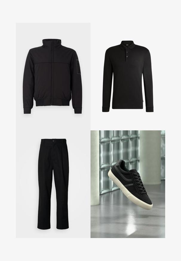 Zwarte jas met een hoge kraag, contrasterend bovenpaneel, elastische manchetten en zoom, en een ritszak op de mouw. Glad stoffen textuur.; Zwarte poloshirt met lange mouwen, een klassieke kraag, drieknoopsluiting en een subtiel logo op de borst. Zachte stof met ribgebreide manchetten.; Zwarte rechte broek met een knoopsluiting, lusjes voor een riem en een voornaad, gepresenteerd tegen een effen witte achtergrond.; Zwarte lage sneaker met witte zool en veters, merk "BOSS", zwevend binnenshuis nabij glasblokkenramen en betonnen zuilen.