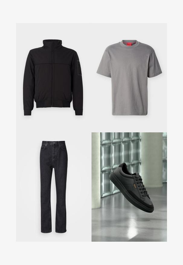 Sort jakke med høj krave, kontrasterende overpanel, elastiske manchetter og kant, samt en lynlåslomme på ærmet. Glat stofstruktur.; Grå T-shirt med korte ærmer og rund hals med diskret "HUGO" logo centreret på brystet og rødt mærke med brandnavn indvendig i kraven.; Høj talje sorte denim jeans med knap- og lynlåsåbning, for- og baglommer samt lige ben.; Sort lavtop sneakers i læder med sorte snørebånd og guld "BOSS" logo, vist i luften mod en glasblokvæg og gråt gulv.
