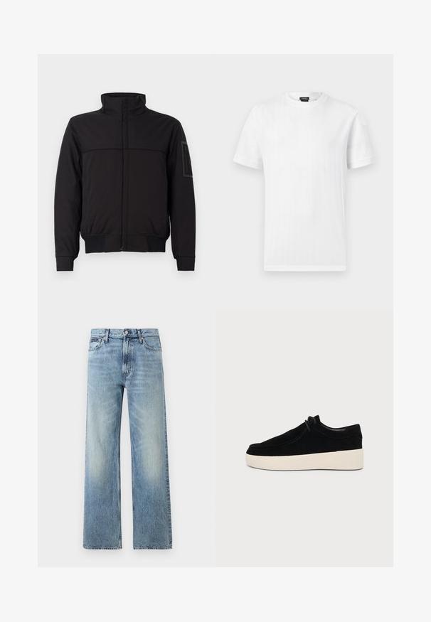 Sort jakke med høj krave, kontrasterende overpanel, elastiske manchetter og kant, samt en lynlåslomme på ærmet. Glat stofstruktur.; Hvid T-shirt med korte ærmer og rund hals med subtil vertikal ribbet struktur, vist mod en ensfarvet lys grå baggrund.; Lyseblå denim jeans med lige ben, højt talje, fem lommer, knaplukning og diskrete falmede områder på lår og knæ.; Sort ruskind snørestøvle til hverdag med tyk hvid gummisål, sidevisning på ensartet lysegrå baggrund.