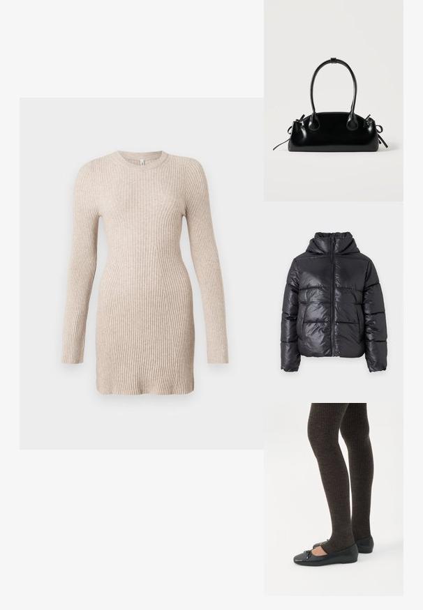 Sort dunjakke med en blank finish, lynlåslukning foran og høj krave. Har lodrette quiltede mønstre og elastiske manchetter.; Beige ribbet strik langærmet kjole med en tætsiddende talje og rund halsudskæring på en hvid baggrund.; Ben iført mørke ribbede leggings kombineret med sorte balletsko med små sløjfedetaljer på hvid baggrund.; Lille sort blank håndtaske med to lange håndtag og snøre-detaljer i siden på en ensfarvet lys baggrund.