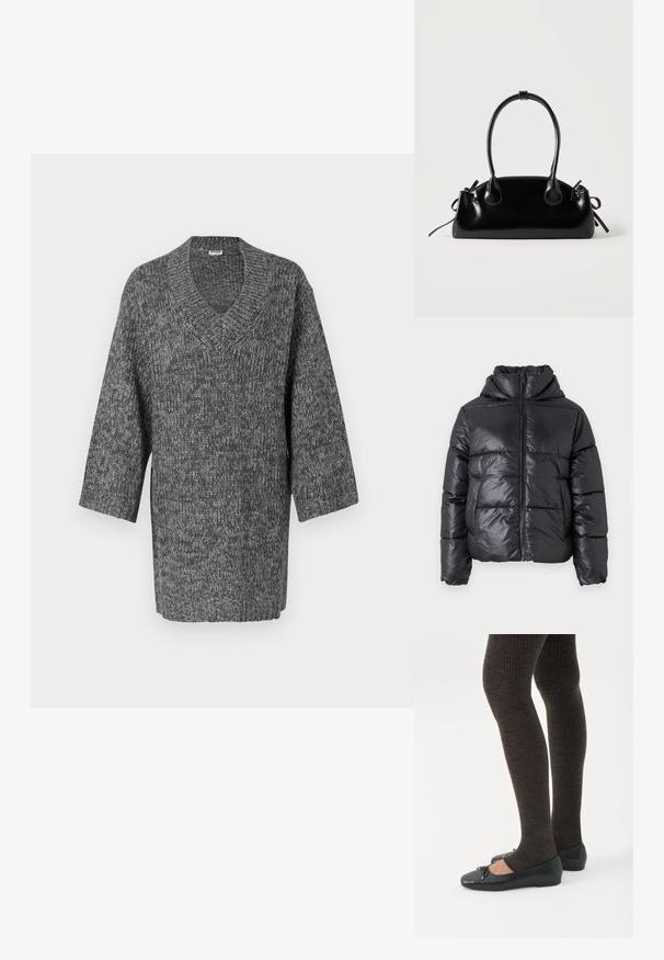 Sort dunjakke med en blank finish, lynlåslukning foran og høj krave. Har lodrette quiltede mønstre og elastiske manchetter.; Grå strikket sweater med V-hals og lange ærmer, prydet med et struktureret mønster og løs pasform. Uformelt design med et blødt, tykt stof.; Ben iført mørke ribbede leggings kombineret med sorte balletsko med små sløjfedetaljer på hvid baggrund.; Lille sort blank håndtaske med to lange håndtag og snøre-detaljer i siden på en ensfarvet lys baggrund.