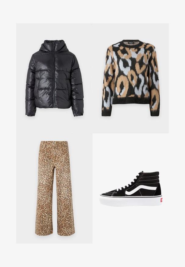 Zwarte pufferjas met een glanzende afwerking, ritssluiting aan de voorkant en hoge kraag. Beschikt over een horizontaal gestikt patroon en elastische manchetten.; Leopardprint trui met een ronde halslijn, lange mouwen en een mix van zwart, bruin en lichtblauwe kleuren, gemaakt van gestructureerde breiware.; Leopardenprint wijde broek in tan en bruine tinten, met een klassieke tailleband, knoopsluiting en vijf zakken.; Zwarte high-top sneakers met witte veters, een wit logo en contrasterende witte stiksels. Heeft een dikke witte zool en een bovenwerk van gestructureerd suede.