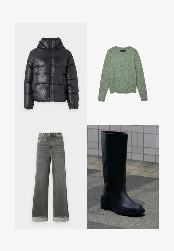Doudoune noire avec une finition brillante, fermeture éclair à l'avant et col montant. Présente un motif matelassé horizontal et des poignets élastiques.; Pull en tricot vert clair texturé avec un col rond, des manches longues et un ourlet côtelé. Présente une coupe décontractée et un motif subtil sur l'ensemble.; Jean denim gris à jambes larges avec une taille haute, cinq poches et des ourlets retroussés. Le tissu présente une texture légèrement usée avec des coutures visibles.; Botte haute en cuir noir avec un talon bas et épais, posée sur le trottoir près d’un mur carrelé en arrière-plan.