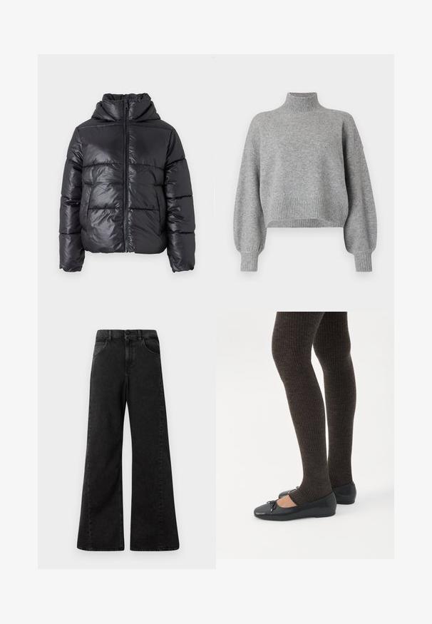 Zwarte pufferjas met een glanzende afwerking, ritssluiting aan de voorkant en hoge kraag. Beschikt over een horizontaal gestikt patroon en elastische manchetten.; Grijze cropped trui met een hoge halslijn, geribde boorden en zoom, en verlaagde schouders. Zachte textuur met minimale naden.; Hoge taille zwarte denim jeans met een wijdere pijpdesign, met voorzakken en een knoopsluiting bij de taille.; Benen met donkere geribbelde leggings gecombineerd met zwarte ballerina's met kleine strikdetails op een witte achtergrond.