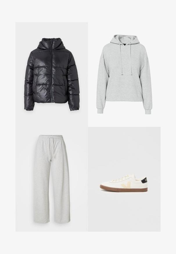 Sort dunjakke med en blank finish, lynlåslukning foran og høj krave. Har lodrette quiltede mønstre og elastiske manchetter.; Grå hættetrøje med rummelig pasform, lange ærmer og justerbar hætte. Stoffet virker blødt med en subtil tekstur uden synlige mønstre eller detaljer.; Even&Odd Petite Træningsbukser - mottled light grey; Hvide sneakers lavet af glat syntetisk materiale, med et beige V-logo, lysbrun gummisål og sorte hælaccenter.