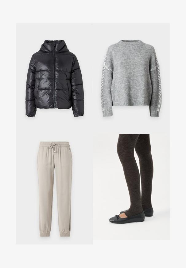Sort dunjakke med en blank finish, lynlåslukning foran og høj krave. Har lodrette quiltede mønstre og elastiske manchetter.; JDY Knitted JDYZOEY Knitted - Striktrøje - light grey melange; Lys beige jogger-bukser lavet af blødt stof, med en elastisk talje med snor, sidelommer og elastiske manchetter.; Ben iført mørke ribbede leggings kombineret med sorte balletsko med små sløjfedetaljer på hvid baggrund.