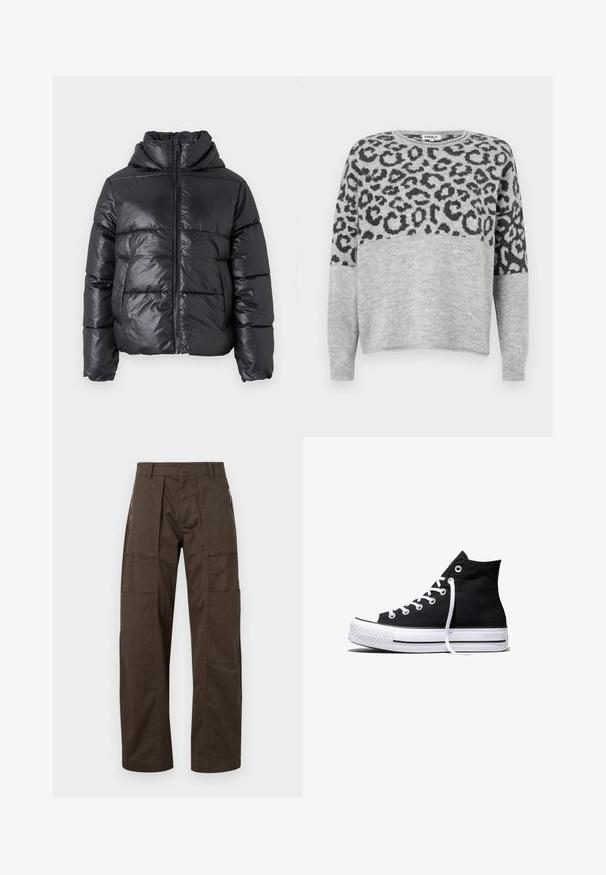 Sort dunjakke med en blank finish, lynlåslukning foran og høj krave. Har lodrette quiltede mønstre og elastiske manchetter.; Grå sweater med leopardprintdesign i mørkegrå. Har rund halsudskæring og lange ærmer, lavet af et blødt, struktureret materiale.; Brune cargo bukser lavet af holdbart stof med flere lommer, en afslappet pasform og fremtrædende syninger for øget holdbarhed.; Sort high-top canvas sneaker med hvid gummisål og hvide snørebånd, vist fra siden mod en hvid baggrund.