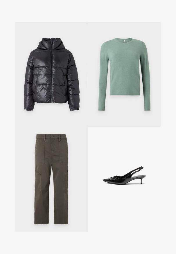 Sort dunjakke med en blank finish, lynlåslukning foran og høj krave. Har lodrette quiltede mønstre og elastiske manchetter.; Grøn langærmet sweater lavet af strikket stof. Har rund halsudskæring og ribbet kant og manchetter. Glat tekstur med ensfarvet design.; Good American CROPPED PANTS - Cargobukser - fatigue; Sorte læder slingback-pumps med spids tå, lav kitten-hæl og rynket detalje på overdelen. Glat tekstur og minimalistisk design.