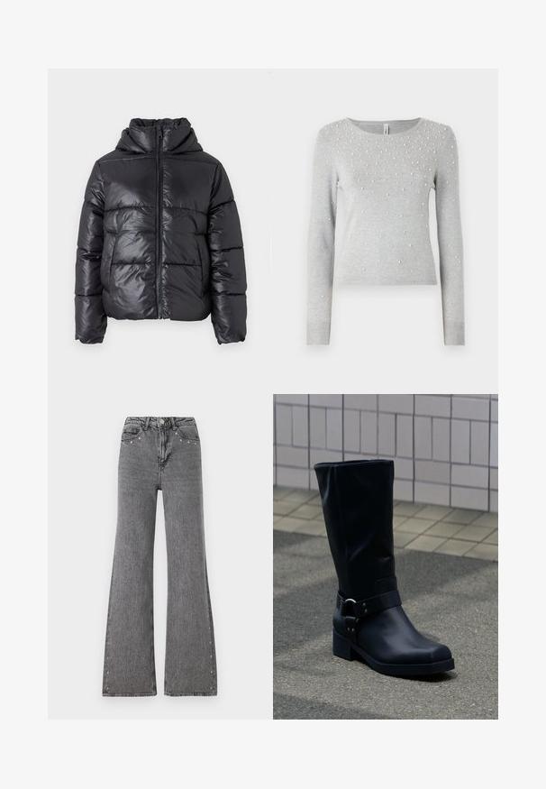 Sort dunjakke med en blank finish, lynlåslukning foran og høj krave. Har lodrette quiltede mønstre og elastiske manchetter.; Grå strikket sweater med lange ærmer, rund halsudskæring og spredte hvide perleudsmykninger. Ribbet mansjetter og kant.; Bredde ben jeans i grå denim med høj talje, frontlommer og dekorative nitter langs sidesømmene. Glat tekstur.; Sort læderstøvle midt på læggen med lav blokhæle og en dekorativ rem med metal spænde rundt om anklen, på en flisebelagt fortov.