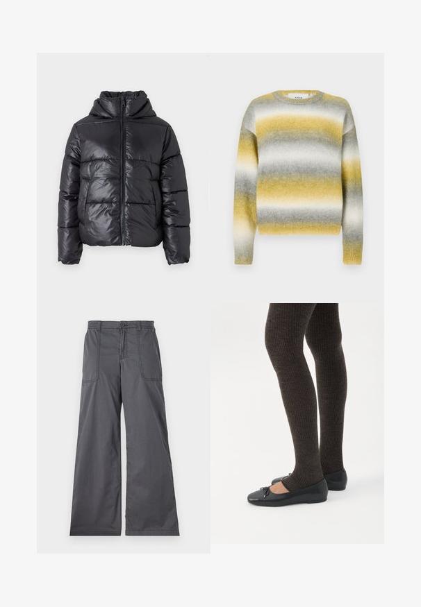 Doudoune noire avec une finition brillante, fermeture éclair à l'avant et col montant. Présente un motif matelassé horizontal et des poignets élastiques.; Pull en tricot avec des rayures horizontales jaunes, grises et blanches. Encolure ronde, poignets côtelés et tissu doux et texturé.; Pantalons gris à jambes larges avec une texture lisse, dotés de poches avant, d'une fermeture par bouton et de détails cousus le long des coutures.; Jambes portant des leggings côtelés foncés associés à des ballerines noires avec de petits détails en nœud sur fond blanc.