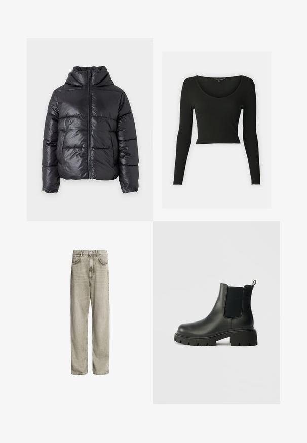 Sort dunjakke med en blank finish, lynlåslukning foran og høj krave. Har lodrette quiltede mønstre og elastiske manchetter.; Sort langærmet cropped top i ribbet stof med en dyb V-hals. Har tætsiddende ærmer og en glat tekstur.; Lystgrå denim jeans med løs pasform, der har fem lommer, knaplukning og diskret falmning for tekstur.; Sorte læder Chelsea støvler med elastiske sidepaneler, en struktureret overflade og en kraftig gummisål. Har en trækstrop for nem påklædning.