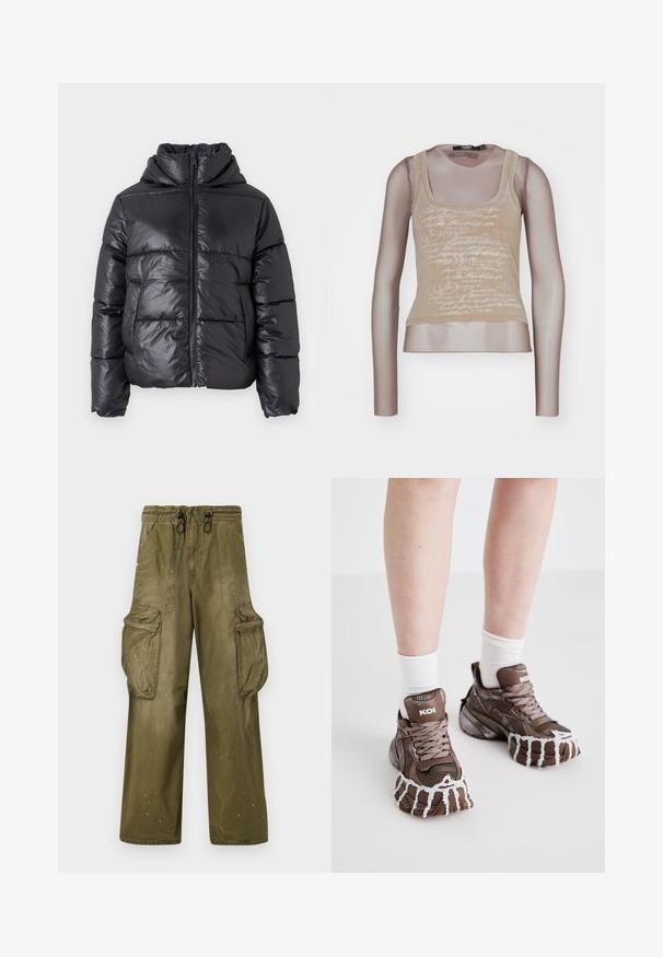 Zwarte pufferjas met een glanzende afwerking, ritssluiting aan de voorkant en hoge kraag. Beschikt over een horizontaal gestikt patroon en elastische manchetten.; Beige tanktop gecombineerd met lange mesh mouwen; beschikt over een witte tekstprint aan de voorkant, ronde halslijn en een aansluitende pasvorm.; Olijfgroene cargobroek met een relaxte pasvorm, elastische tailleband, trekkoord, twee zijzakken en twee grote cargozakken. Licht verouderd.; Bruine mesh sneakers hebben dikke zolen met een wit druppelend design, gestructureerde veters en merkaccenten op de hiel. Witte sokken zijn zichtbaar boven de sneakers.