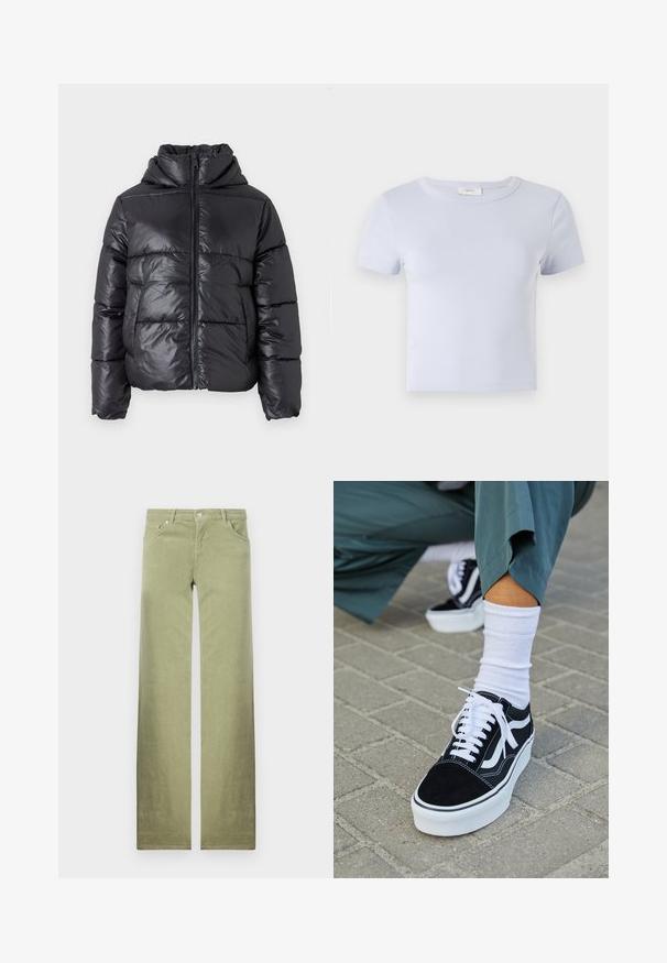 Doudoune noire avec une finition brillante, fermeture éclair à l'avant et col montant. Présente un motif matelassé horizontal et des poignets élastiques.; T-shirt bleu clair à manches courtes avec un col rond, fabriqué en tissu doux ; présente une coupe ajustée et de subtils détails de couture.; Pantalons en coton vert avec une coupe droite, dotés de poches avant, d'une fermeture à bouton et d'une finition en tissu texturé et épurée.; Baskets en suède noir avec des accents et des lacets blancs, présentant une épaisse semelle blanche et des coutures contrastantes, associées à une chaussette blanche.