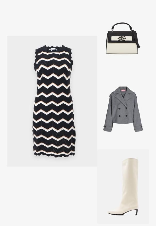 Grå dobbeltbreasted cropped frakke med brede revers, knapmanchetter og skulderpuder, med en lyserød JJXX-mærkat inde i kraven.; Ærmeløs sort strikket kjole med hvide og beige zigzag-striber, bølgede kanter og DKNY Jeans-mærke ved nakken.; Knæhøj hvid støvle lavet af glat materiale med spids tå og slank sort hæl. Har et enkelt design og minimal branding.; Sort og hvid læderhåndtaske med top-håndtag, justerbar skulderrem og metallisk stiliseret logo på frontklappen.