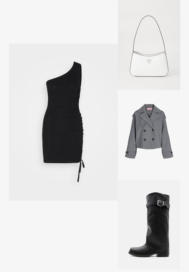 Grå dobbeltbreasted cropped frakke med brede revers, knapmanchetter og skulderpuder, med en lyserød JJXX-mærkat inde i kraven.; Even&Odd Etuikjole - black; Høj sort læderstøvle med en sølvspændebånd rundt om den øverste del af læggen og en lav firkantet hæl.; Hvid håndtaske med et slankt, buet design, der har en tynd sort rem og sølvfarvet trekantet logoaccent. Glat tekstur og minimal detaljering.
