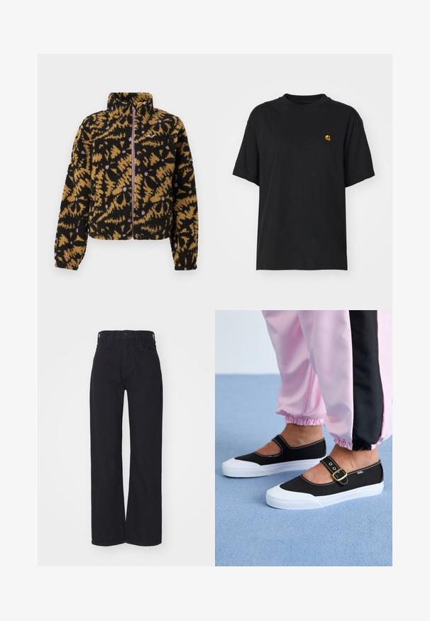 Veste en polaire avec un motif abstrait de fleurs noir, marron et lavande, fermeture éclair sur le devant, et col montant.; T-shirt en coton noir à coupe décontractée. Présente un col rond et des manches courtes. Comprend un petit logo doré brodé sur la poitrine.; Jeans noirs taille haute à jambes larges avec fermeture à bouton et zip à l'avant, passants de ceinture et deux poches avant sur fond blanc.; Baskets noires en toile avec une semelle blanche, présentant un design découpé et une sangle en boucle dorée. Portées avec un pantalon de survêtement rose.