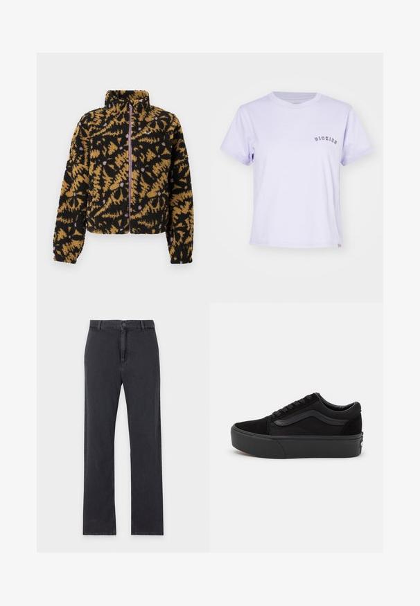 Veste en polaire avec un motif abstrait de fleurs noir, marron et lavande, fermeture éclair sur le devant, et col montant.; T-shirt en coton violet clair avec encolure ras du cou, manches courtes, et le mot "DICKIES" brodé en violet foncé sur la poitrine.; Jean noir à jambes droites avec fermeture par bouton et zip à l'avant, passants de ceinture et design classique à cinq poches, posé à plat sur fond blanc.; Baskets noires en daim et toile, avec un bout rond, un design à lacets plats et une semelle épaisse en caoutchouc avec une subtile branding.