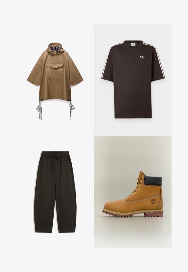 Poncho de pluie marron à capuche avec larges manches, poche à rabat sur le devant et cordons ajustables à l'ourlet de chaque côté.; T-shirt en coton marron à manches courtes, avec des rayures blanches sur les épaules et un petit logo blanc sur la poitrine.; Pantalon de jogging large noir avec taille élastique et cordon de serrage, doté de poches latérales et de détails de couture simples.; Bottine en cuir marron avec col noir, lacets jaunes et semelle beige. Présente un logo et des détails de couture blanche. Semelle extérieure à traction robuste.