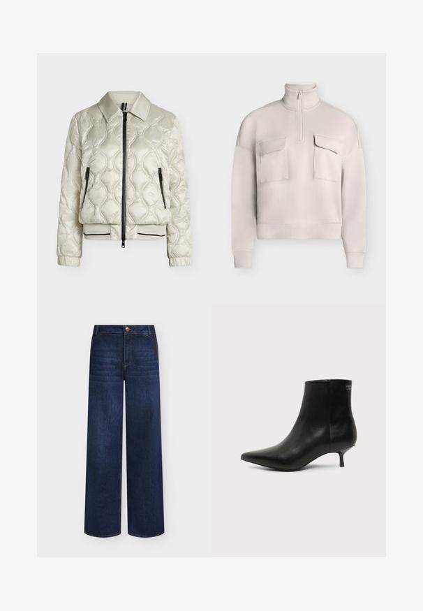 Veste matelassée beige clair avec fermeture éclair frontale, deux poches zippées, col, poignets élastiques et ourlet côtelé avec détail rayé noir.; Pull-over beige clair à manches longues avec col montant, fermeture éclair frontale sur un quart, et deux grandes poches à rabat sur la poitrine.; Jeans en denim bleu foncé à jambes larges avec poches avant, fermeture par boutons et légère décoloration sur les cuisses à l'avant.; Bottine en cuir noir avec bout pointu et petit talon kitten sur fond clair, vue côté extérieur.