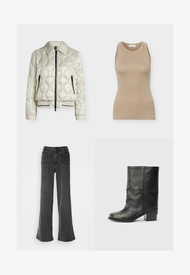 Veste matelassée beige clair avec fermeture éclair frontale, deux poches zippées, col, poignets élastiques et ourlet côtelé avec détail rayé noir.; Débardeur beige ajusté pour femmes, sans manches, avec encolure ronde et étiquette Marc O'Polo à l'intérieur du col arrière.; Jean noir taille haute à jambes larges en denim, avec une fermeture à bouton, des passants de ceinture et deux poches arrière avec des accents cousus.; Botte en cuir noire mi-mollet avec un bout rond et un talon bloc, se tenant contre un fond gris clair uni.