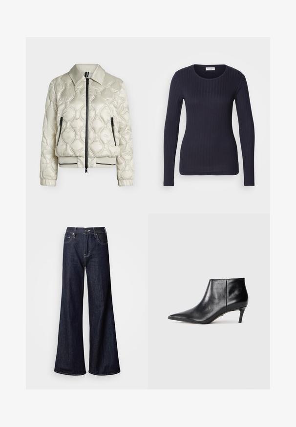 Veste matelassée beige clair avec fermeture éclair frontale, deux poches zippées, col, poignets élastiques et ourlet côtelé avec détail rayé noir.; Haut à manches longues côtelé bleu marine avec un col rond. Fabriqué en tissu doux, il présente une coupe ajustée et une texture subtile sur l'ensemble.; Jean à jambes larges en denim foncé, présentant une taille haute, cinq poches, des coutures blanches contrastantes et une texture lisse.; Botte de cheville en cuir noir avec un bout pointu et un talon moyen élancé, présentée en profil latéral sur fond blanc.
