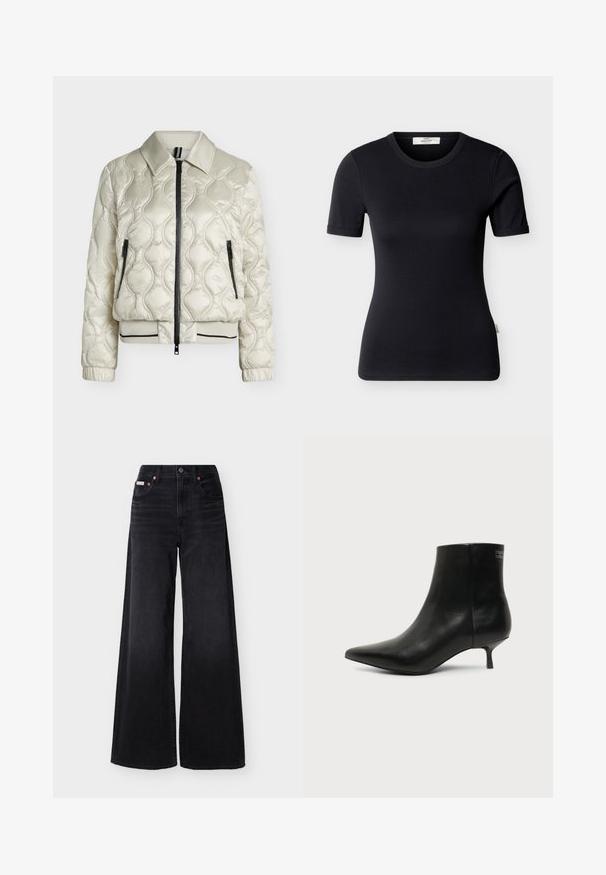 Veste matelassée beige clair avec fermeture éclair frontale, deux poches zippées, col, poignets élastiques et ourlet côtelé avec détail rayé noir.; T-shirt noir ajusté à manches courtes avec col rond et une petite étiquette de marque à l'intérieur du col, présenté sur un fond uni.; Jean noir à jambes larges avec taille haute, fermeture avant par boutons et fermeture éclair, passants pour ceinture, et design à cinq poches.; Bottine en cuir noir avec bout pointu et petit talon kitten sur fond clair, vue côté extérieur.