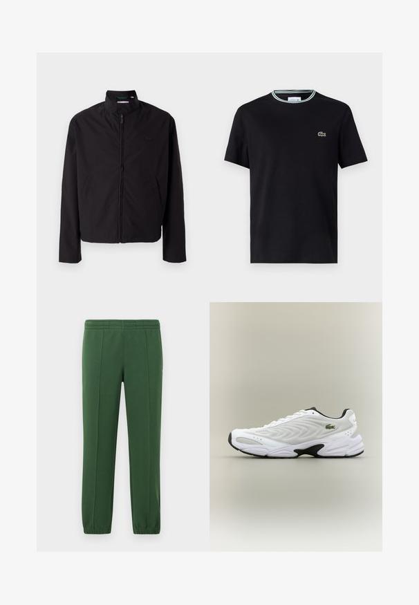 Zwarte lichtgewicht jas, ritssluiting, opstaande kraag, zijzakken, gladde stof, minimalistisch ontwerp met logo-accent op de borst.; Zwarte katoenen t-shirt met ronde hals, voorzien van een witte en groene gestreepte afwerking en een geborduurd groen krokodillenlogo op de linkerborst.; Groene joggingbroek van zacht materiaal; heeft een elastische tailleband, taps toeloopende pijpen en een klein logo aan de zijkant.; Witte sportieve schoen met een textuur van gaas bovenwerk, gebogen ontwerp en contrasterende zwarte zool. Heeft een groen geborduurd logo aan de zijkant.